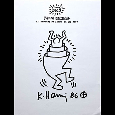 Keith Haring. Letterhead from the Keith Haring workshop embellished with a black felt pen drawing. Signed 