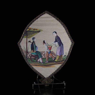 China fine fan double-sided painting of a scene of musicians and letters early 19th