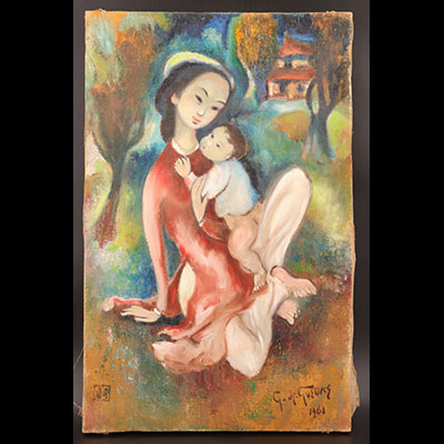 中国 - 布面油画《女人和孩子》