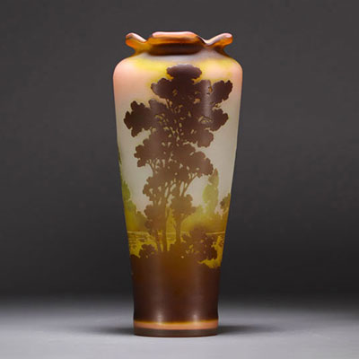 Émile GALLÉ (1846-1904) - Vase en verre multicouche à décor d'arbres et étang, signé dans le décor.