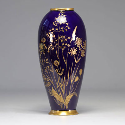 Bavaria cobalt blue enamel vase, Art Nouveau decor