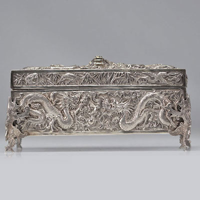Chinese silver box with nine imperial dragons with mark under the coin from 19th century