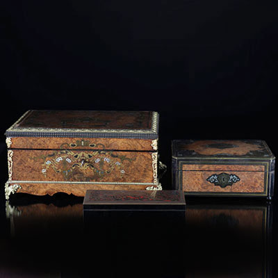 France Lot of 3 Napoleon III wooden and bronze boxes inlays and inlays 19th