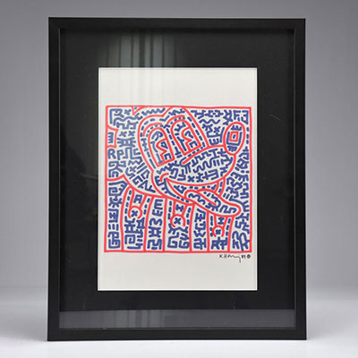 Keith Haring. “Mickey Mouse”. Blue and red marker drawing on paper. Signed 