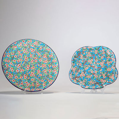 (2) Set of Longwy enamel dishes decorated with flowers