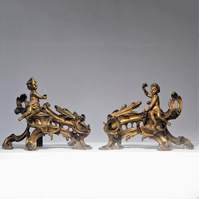 Imposing pair of Louis XV gilt bronze andirons