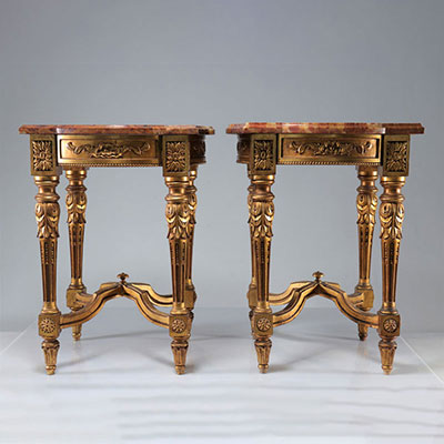 Pair of side tables in carved wood with gilded onyx shelves