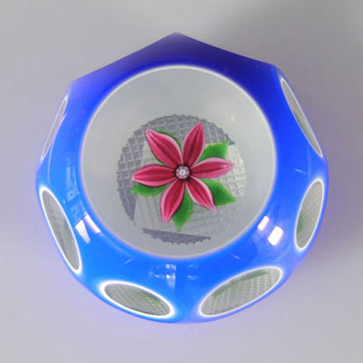 Perthshire 1979 paperweight, pink flower, blue and white double overlay with 8 facets and 1 at the top, 351 copies