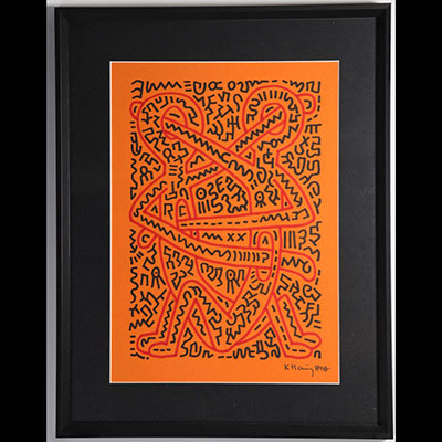 Keith Haring - Human Fusion, 1984 Encre noir et rouge sur papier orange. Signée et datée à la mains en bas à droite. Vendu avec un certificat