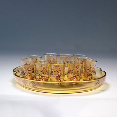Emile Gallé tray and 10 enamelled crystal glasses