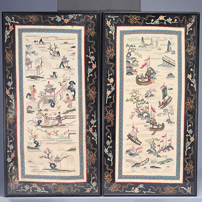 Paire de soies encadrées provenant de Chine du XIXe siècle