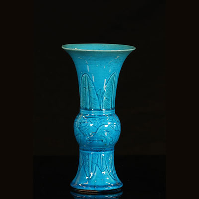 Chine - Vase porcelaine monochrome turquoise marque Kangxi dynastie Qing
