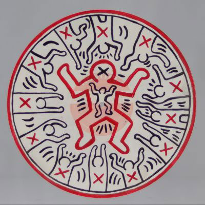 Keith Haring (Attr.) - Human Celebration Hand drawing with red & black acrylic on disc vinyl.