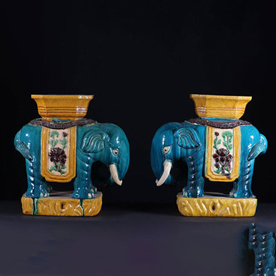 China pair of garden stools in the shape of elephants in glazed sandstone early 20th century