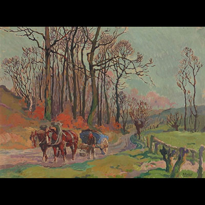 Henri ROIDOT (1877-1960) huile sur bois"retour de la forêt"