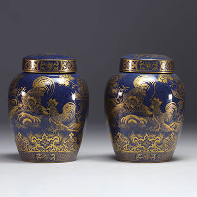 Paire de vases couverts en porcelaine bleu poudré, à décor de coqs et de fleurs à l'or, dynastie Qing, XIXe siècle.