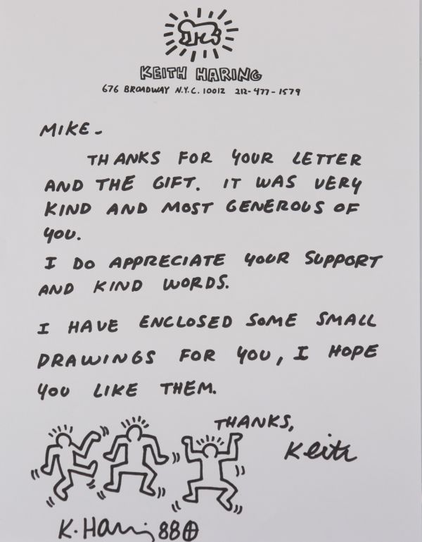 Keith Haring. Letter written to Mike, on Keith Haring studio letterhead embellished with a black marker drawing. Signed 