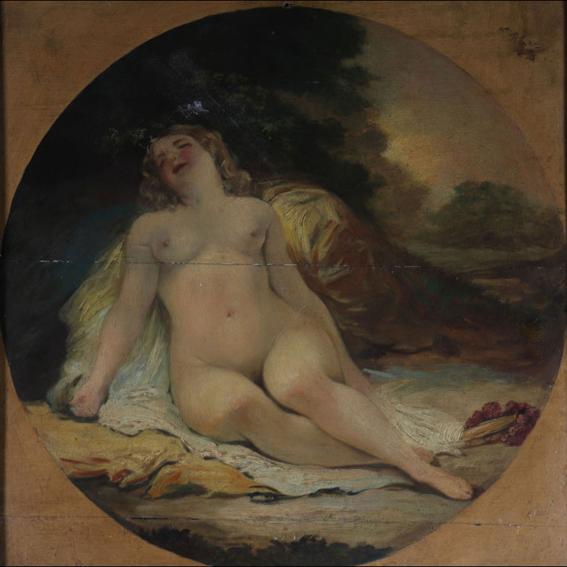 Ecole française jeune femme nue assoupie sur panneau 19ème