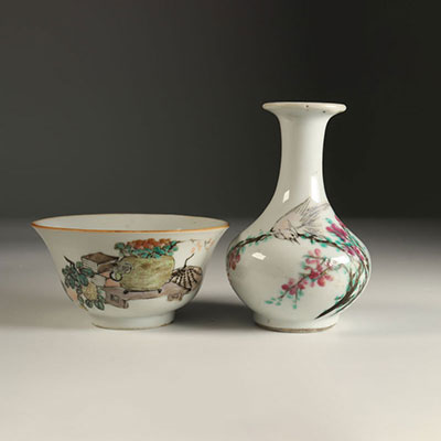 Lot composé d'un bol et un vase en email qianjiang , marques d'artistes .Chine fin XIXème.