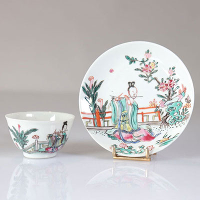 18th century Chinese porcelain bowl and under bowl decorated with a female musician