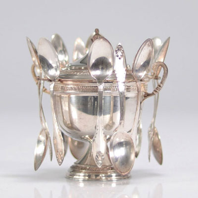 Jam pot in sterling silver and its 12 spoons