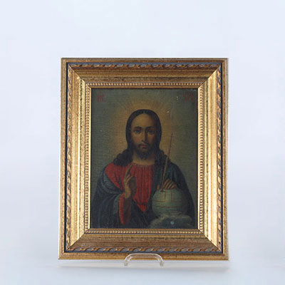 Peinture (icone) sur bois le Christ et la terre 17/18ème