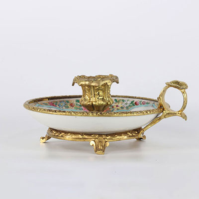 Canton porcelain and gilt bronze hand candlestick 19th