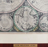 Seutter 1720 Engraved double hemisphere map of the world, surrounded by 8 projections