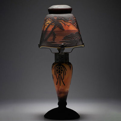 Daum Nancy lamp decorated with landscape and sailboats