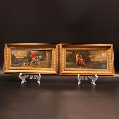 Pair of 17th century paintings on copper mythological scene Apollo and Narcissus