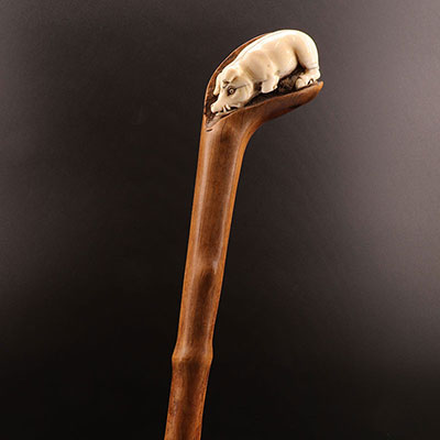 法国 - 刻有野猪的圆头象牙手杖