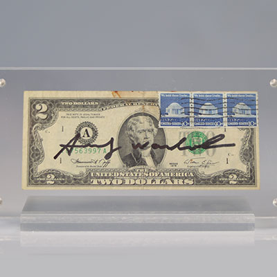 Andy Warhol (attribué à )  - One Dollar Bill, 1981 Marqueur noir sur le billet d'un dollar américain avec timbre-poste et timbre d'annulation à l'encre