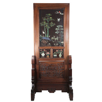 China carved wooden screen with inlays of hard stones and jades, deer decor and 19 / 20th century furniture
