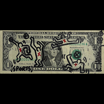 Keith Haring. “Sports”. Felt pen drawing on a dollar bill from The United States Of America. Signed 