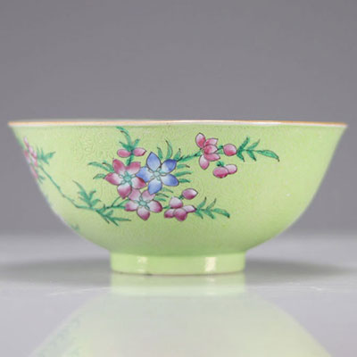 Bol en porcelaine de chine famille rose décor de fleurs sur fond vert