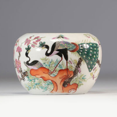 Vase en porcelaine de chine famille rose à décor de paons et de fleurs sur fond blanc