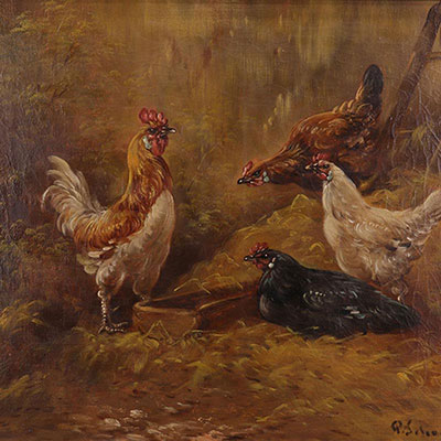 BELGIUM - oil painting - roosters and hens - PAUL SCHOUTEN
