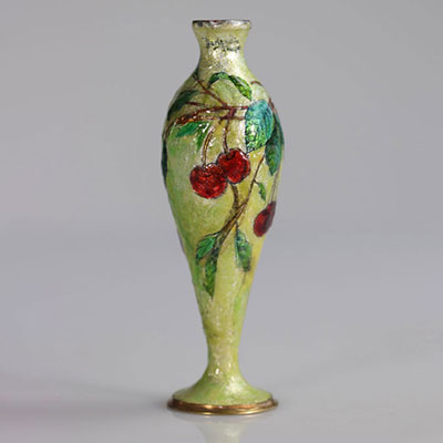 Vase with cherries, enamelled on copper by Jules Sarlandrie, signed - circa 1920