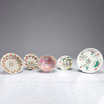 Lot (5) porcelaines famille rose XIXème