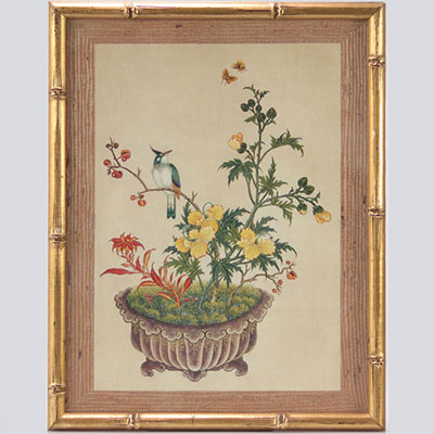 Peinture chinoise sur soie fleurs et oiseaux -18ème