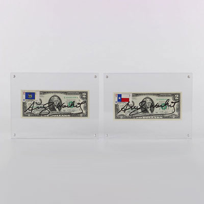 Andy WARHOL Billet de 2$ (LOT DE 2), USA, timbrés et datés (certificat joint avec la pièce) encadrés par un Plexiglas recto/verso 20ème excellent état