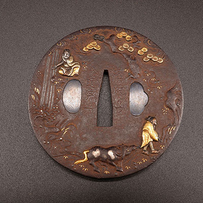 Japon - Tsuba en fer et incrustations période Edo signature