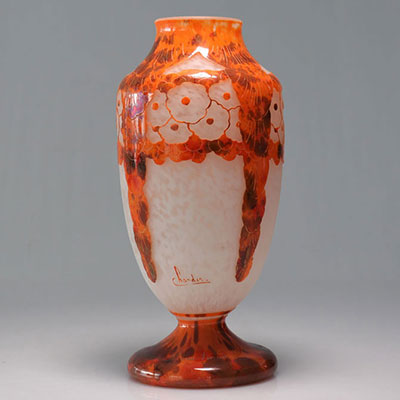 FRENCH GLASS. Multi-layered glass vase with acid-etched flower decoration
