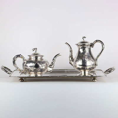 CHINA, Tea and coffee service (3 pieces) with its tray, solid silver, ZEEWO SHANGHAI hallmarks - circa 1925