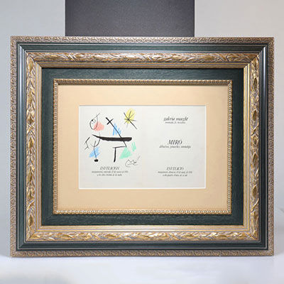 Joan Miro. Dessin à l’encre et aux crayons de couleurs sur carton d’invitation de la Galerie Maeght du 10 Mai 1978.