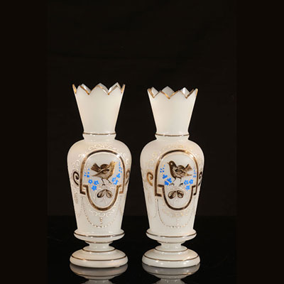 Pair of white opaline vases with bird decoration