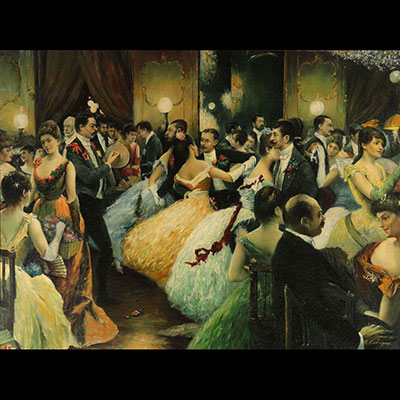 Grande huile sur toile-  scène de bal  - signée Rodriguez