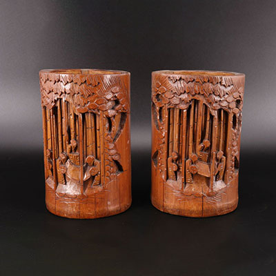 Paire de pots à pinceaux en Bambou chine 20ème 