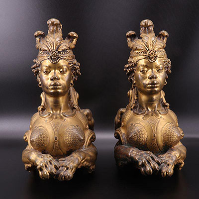 法国- 摩尔式狮身人面像（一对） - 古铜啡金
