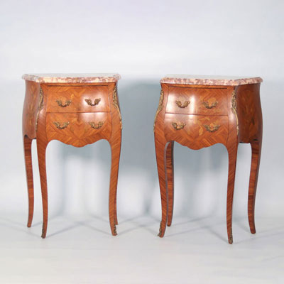 Pair of bedside tables in marquetry and stamped marble